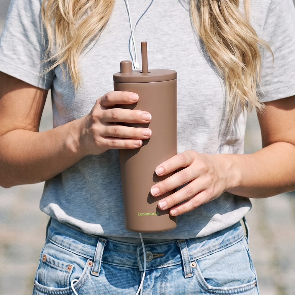LocknLock แก้วเก็บอุณหภูมิเคลือบเซรามิก Pop Up Straw ความจุ 740ml. รุ่น LHC4156