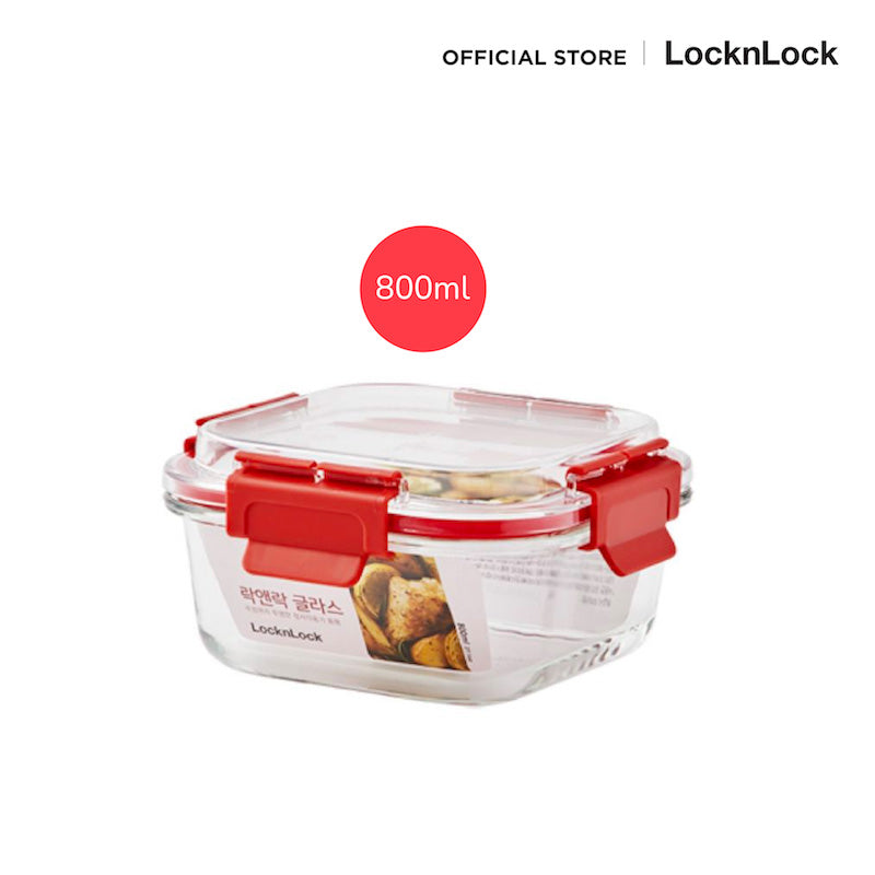 LocknLock กล่องแก้วถนอมอาหารทรงเหลี่ยม สีแดง รุ่น LLG242 - 800 ml.