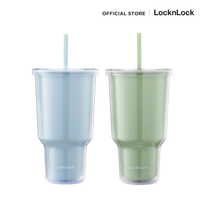 LocknLock แก้วน้ำพลาสติก 2 ชั้น พร้อมหลอด Double Wall Cold Cup ความจุ 1 L. - HAP527