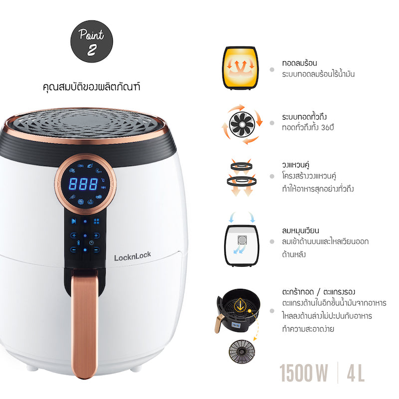 หม้อทอดไฟฟ้าไร้น้ำมัน LocknLock Digital Eco-Fryer 4 L. รุ่น EJF376 ...