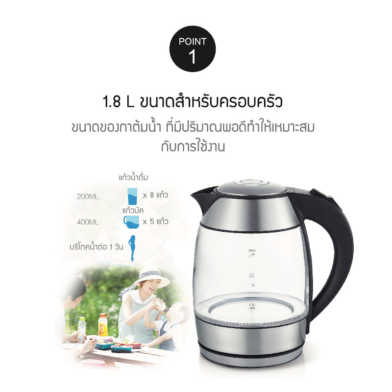 กาต้มน้ำไฟฟ้า LocknLock Glass Electric Kettle 1.8 L. รุ่น EJK418SLV